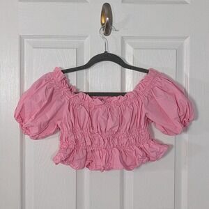 New 100% Cotton Vigoss Pink Smocked Crop Top Puff Off Shoulder Ruffle Hem Size L
